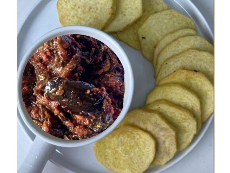 image of traditional red oil pepper sauce paired with yam for traditional red oil pepper sauce