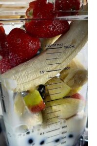 add all ingredients into a blender and blend till smooth for yummy fruit smoothie
